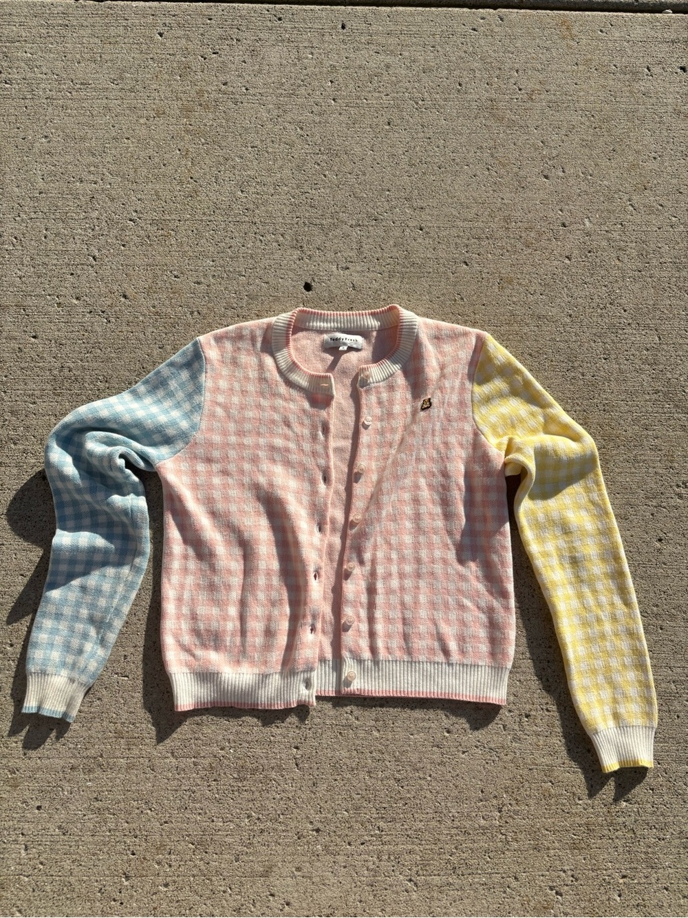 Teddy Fresh Pastel Colorblock Gingham Cardigan | Size S | Pink, Blue & Yellow 🧸